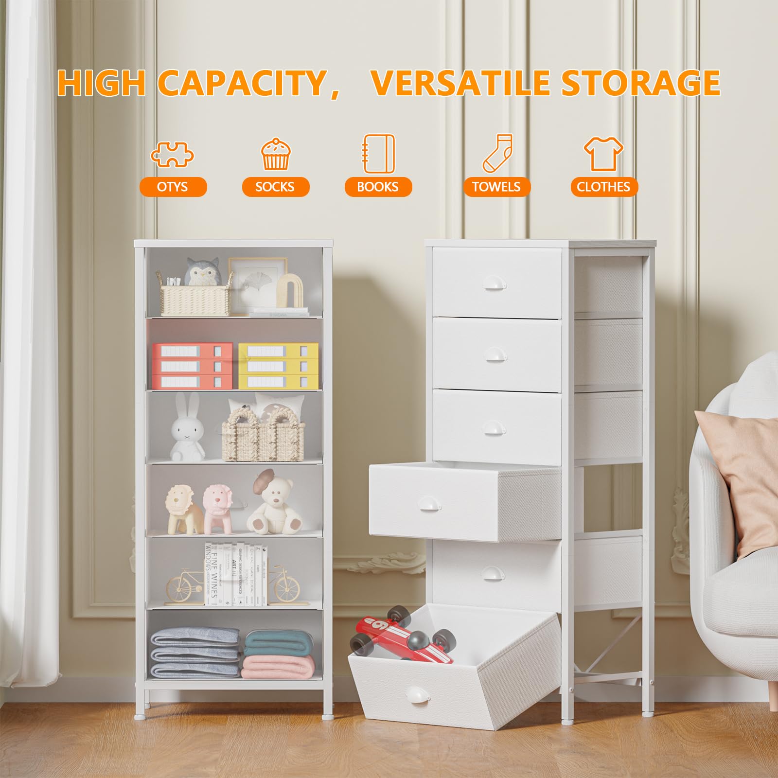 Furnulem dresser in a bright bedroom corner doubles as a compact end table.