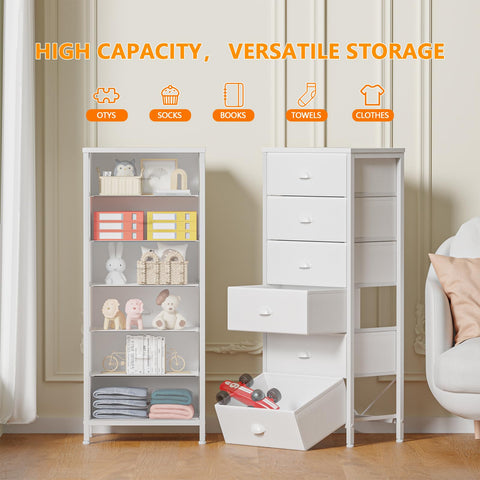 Furnulem dresser in a bright bedroom corner doubles as a compact end table.