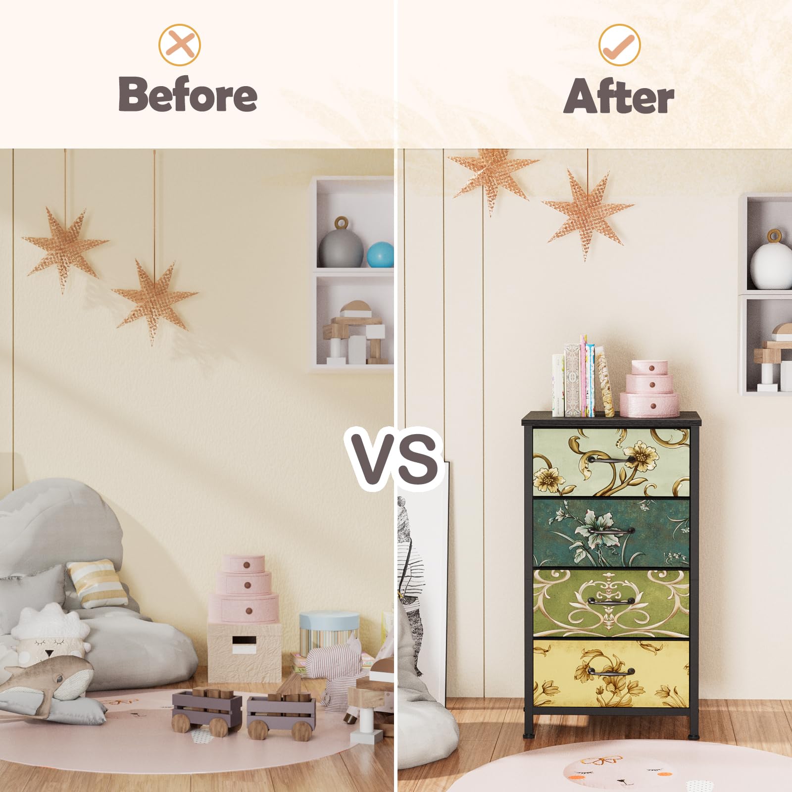 Furnulem in a cozy bedroom setup showing versatile storage tower unit.