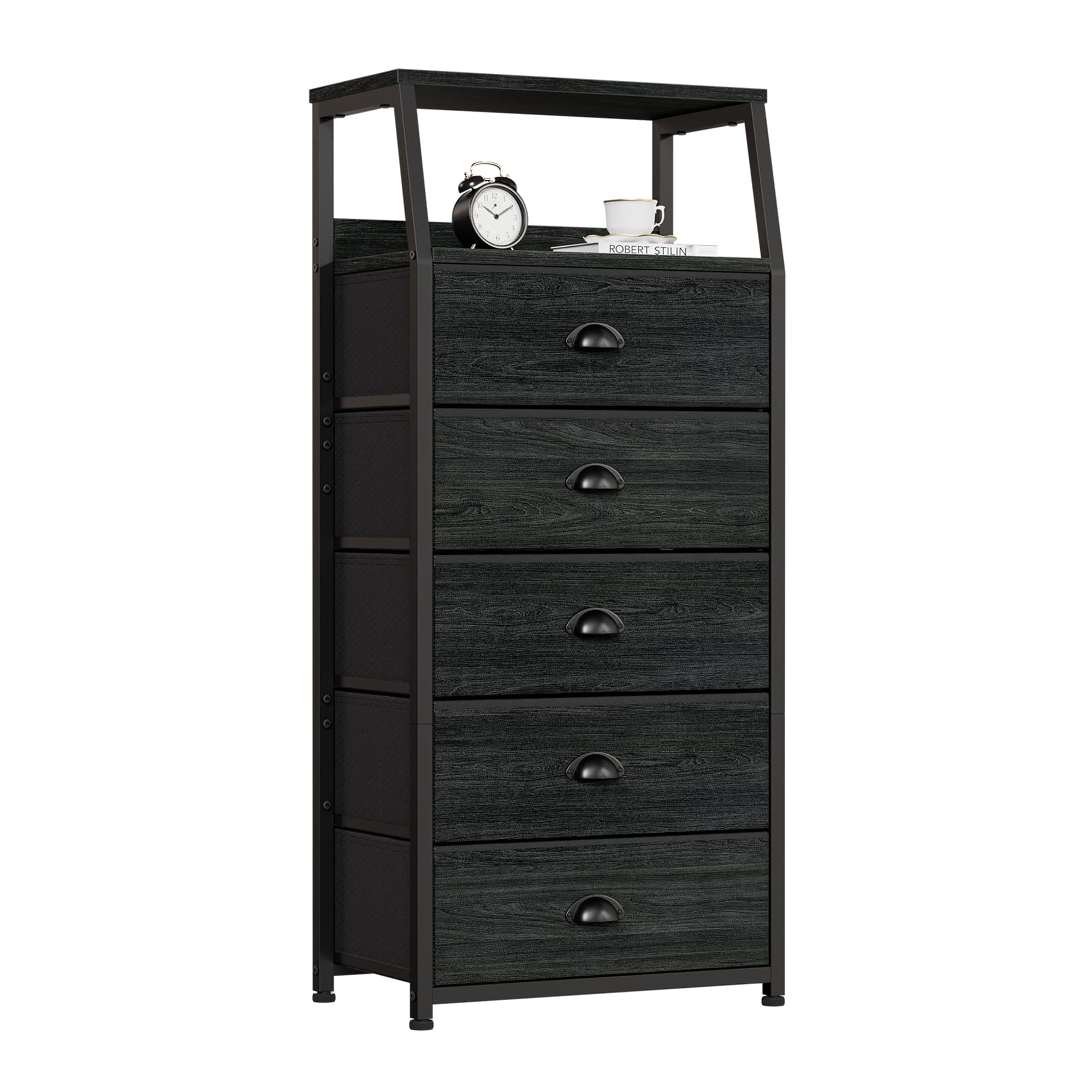 Furnulem black dresser with wood top, stylish storage and sturdy surface.