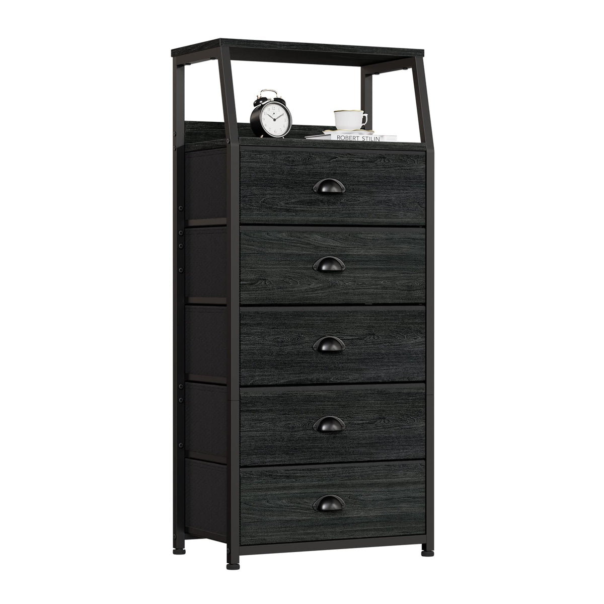 Furnulem black dresser with wood top, stylish storage and sturdy surface.