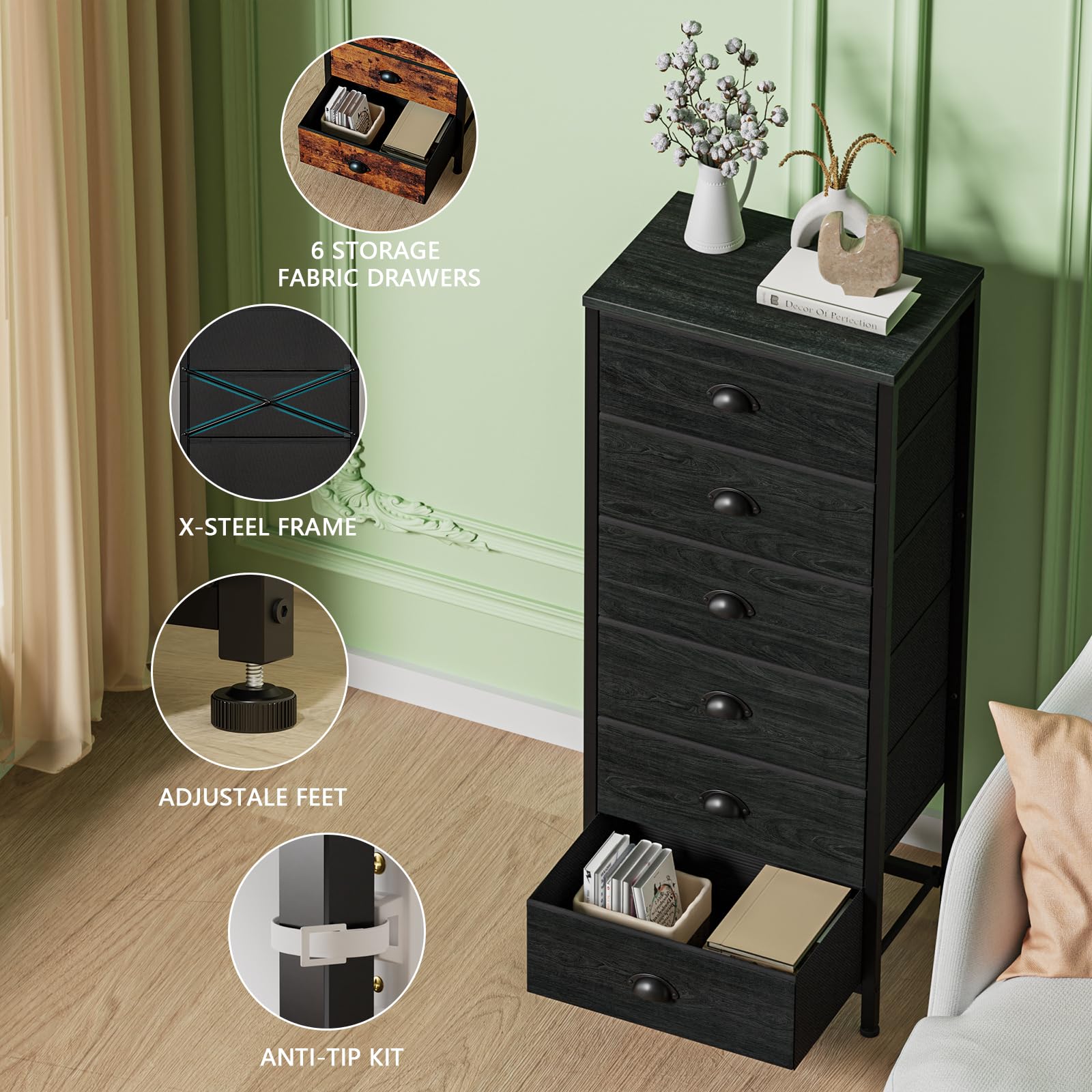 Furnulem black storage tower in modern bedroom for sleek, organized storage.