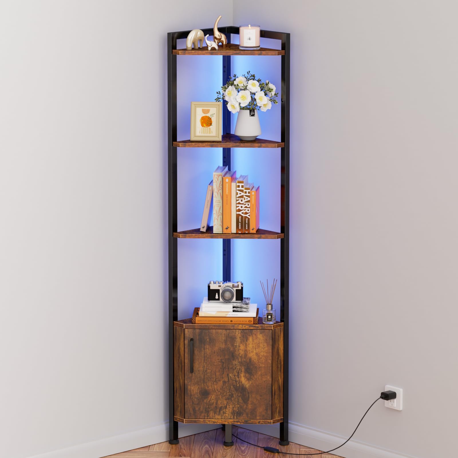 Furnulem corner shelf with 5-tier LED light showcasing decor and storage