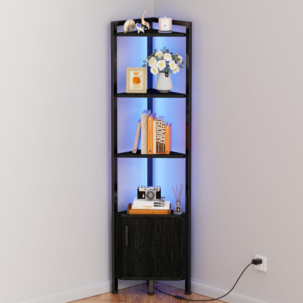 Furnulem Corner Shelf five-tier wood display in black oak for organized living room decor.