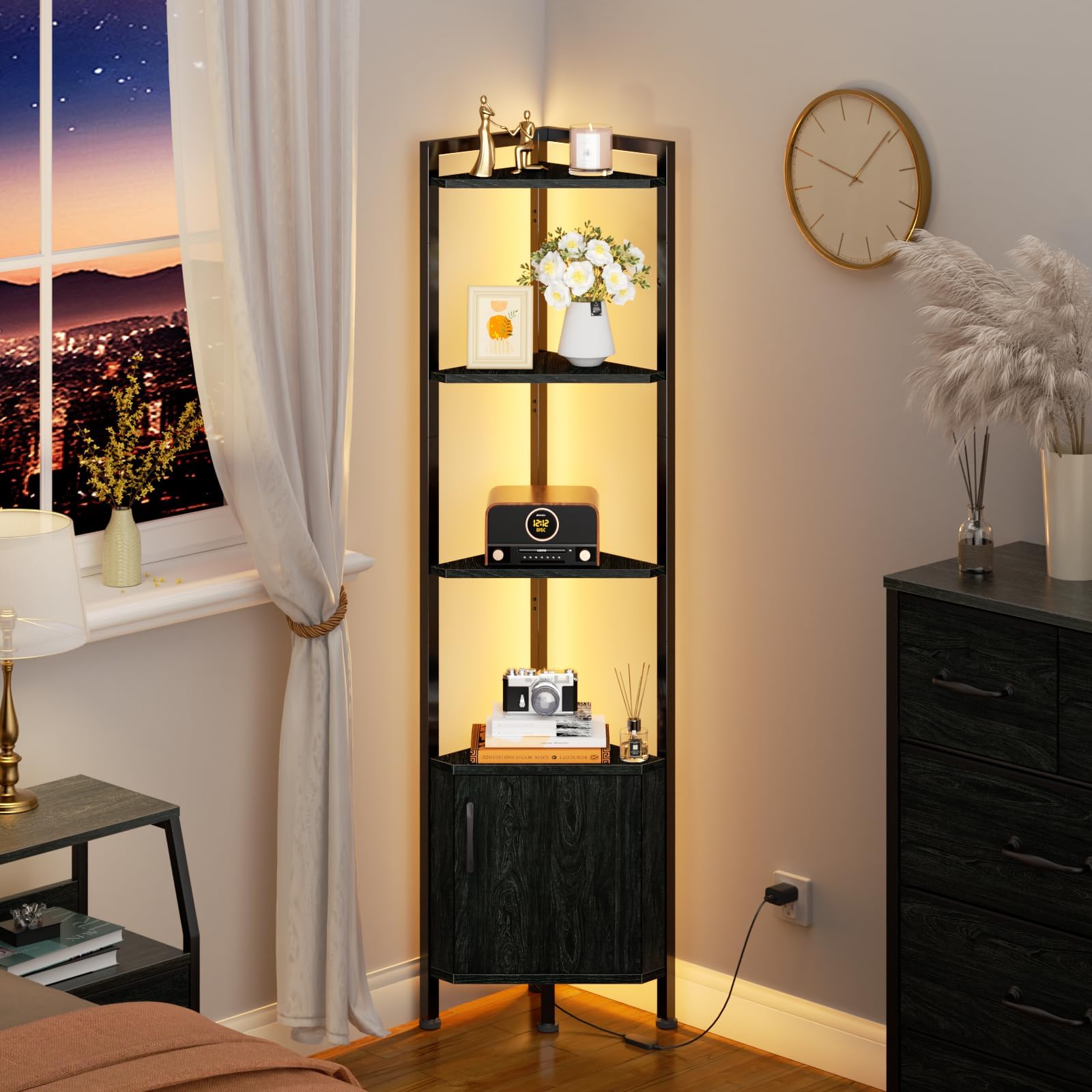 Furnulem LED-lighted corner shelf highlights decor with ambient glow in bedrooms.