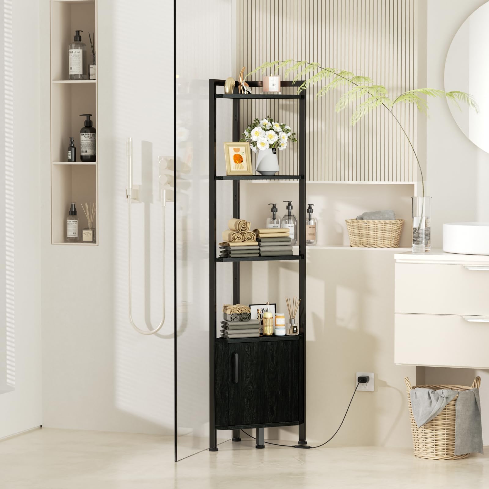 Furnulem black oak finish adds warmth and modern contrast.