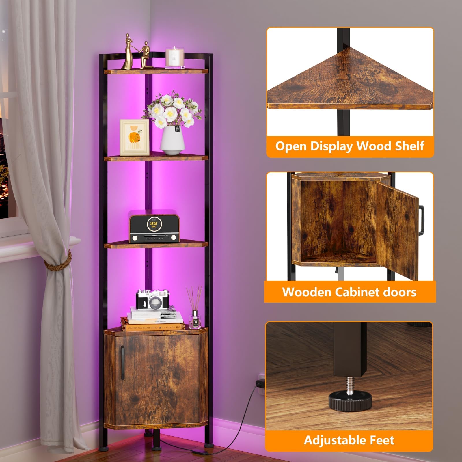 Furnulem corner shelf storage cabinet blends display with concealed storage