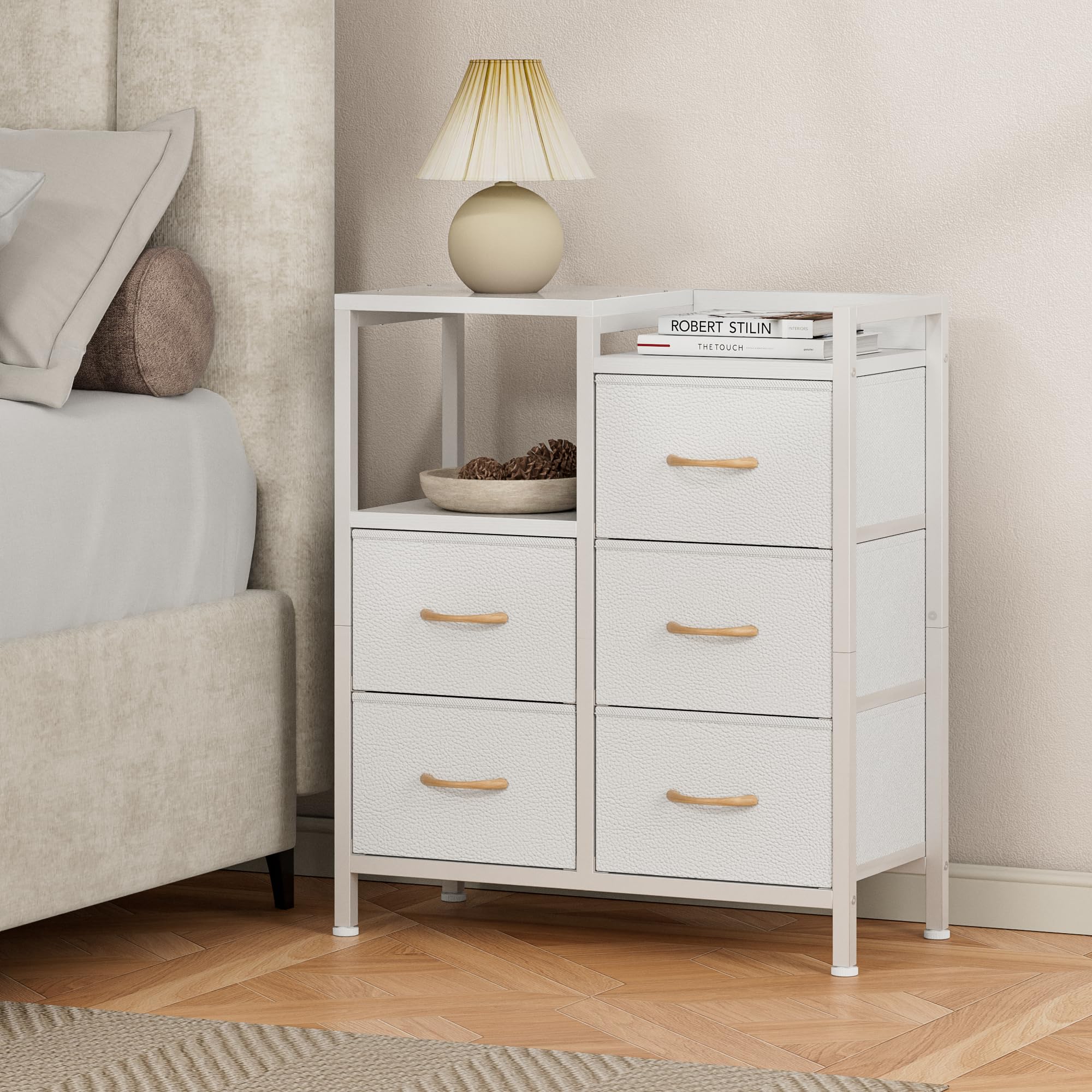 Furnulem white dresser placed in hallway with office use shown
