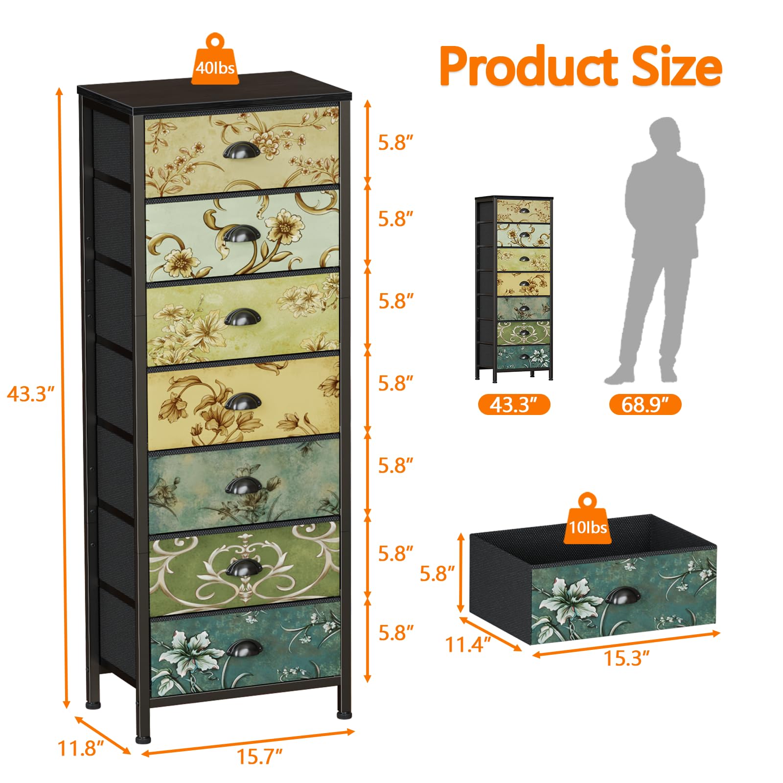 Furnulem dresser with metal frame back support for durable stability.