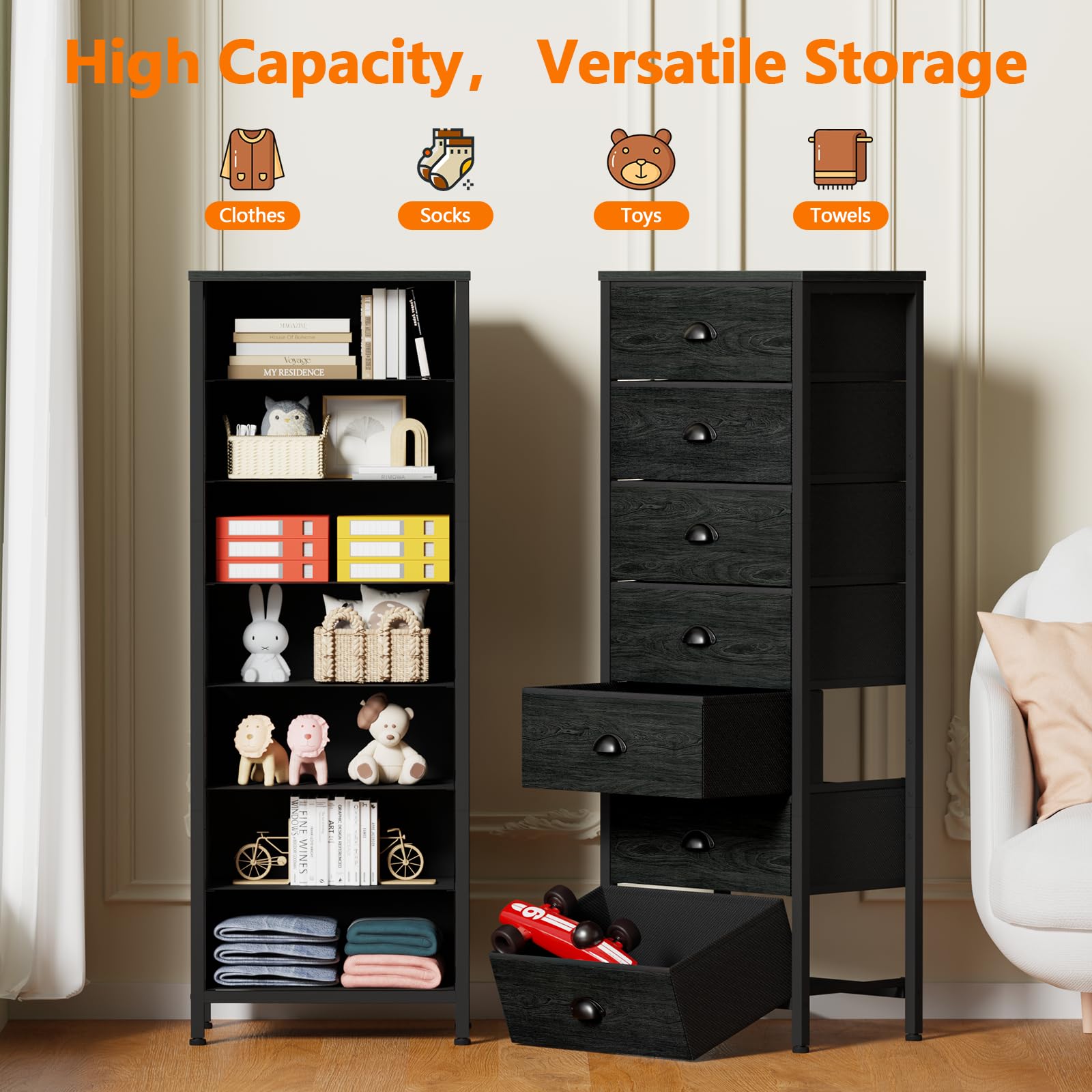 Furnulem tall dresser top surface supports lamp or vase while staying waterproof.