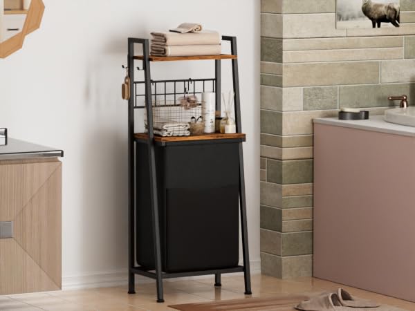Furnulem Laundry Hamper two-tier shelf with hooks for essentials.