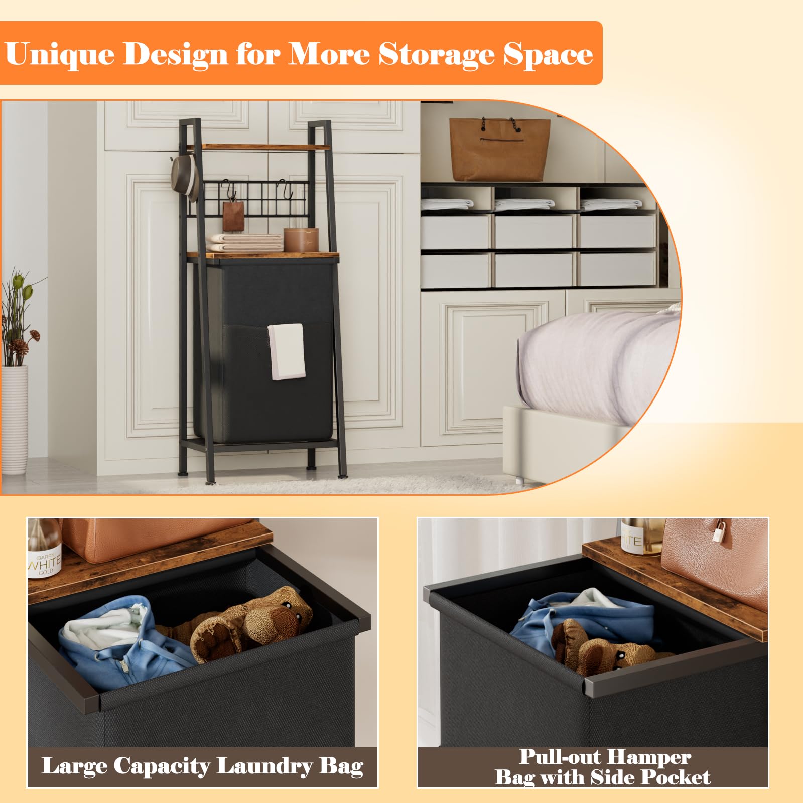 Furnulem Laundry Hamper wooden shelf with hooks setup.