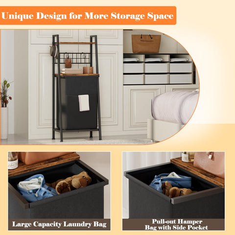 Furnulem Laundry Hamper wooden shelf with hooks setup.