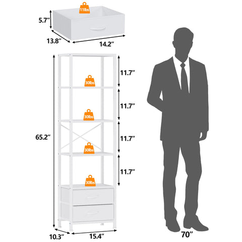 Furnulem narrow bookshelf with drawers close-up highlighting built-in storage.