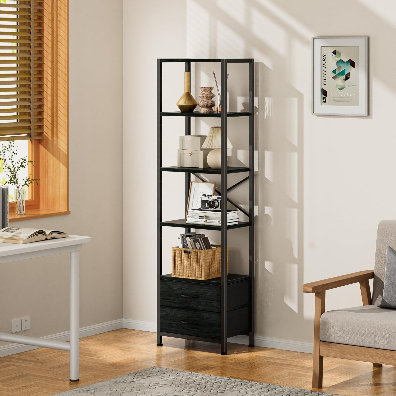 Furnulem narrow bookshelf with drawers emphasizes hidden storage for documents and small items.