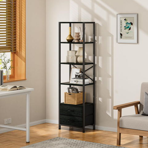 Furnulem narrow bookshelf with drawers emphasizes hidden storage for documents and small items.