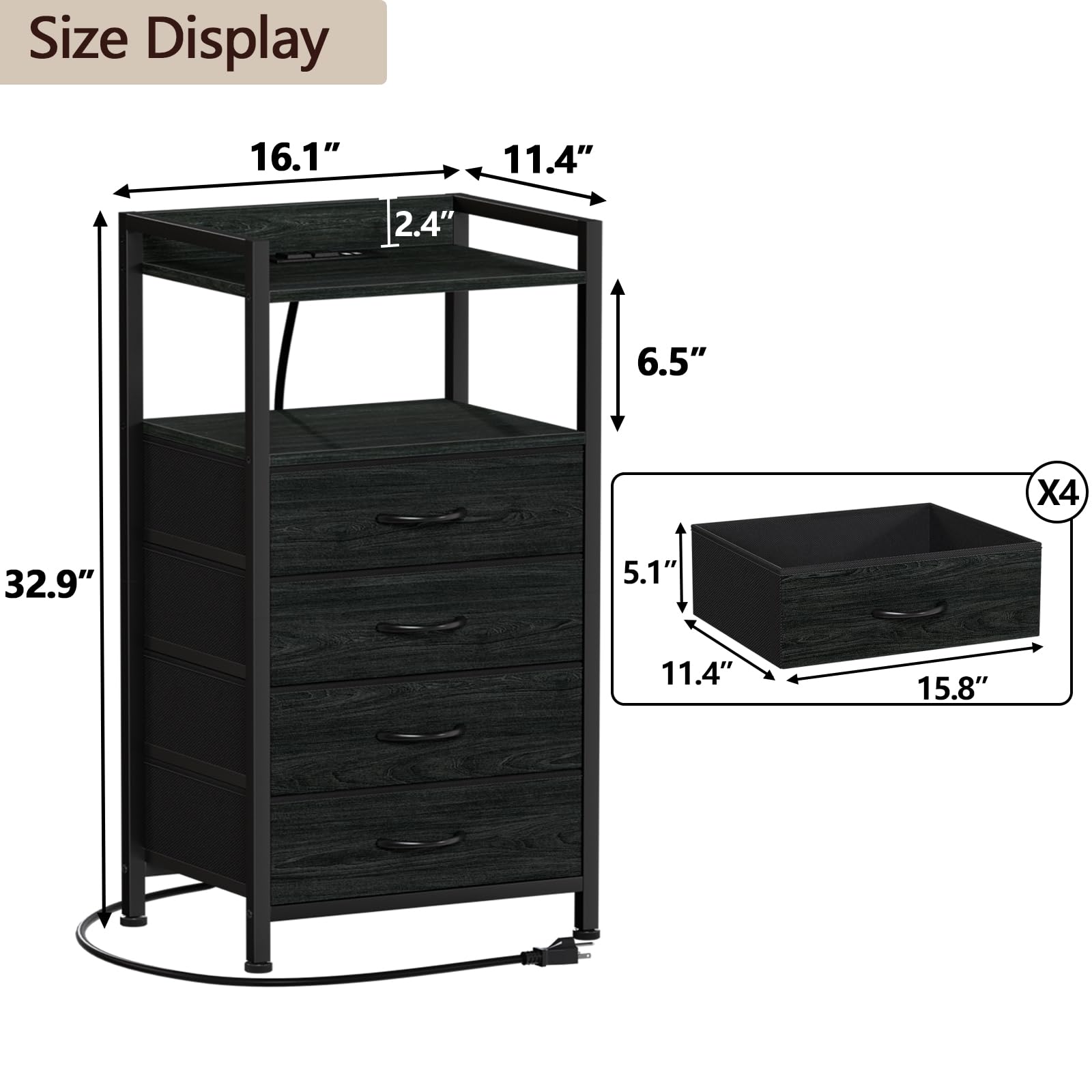 Furnulem night stand reveals two AC outlets and two USB ports for convenient charging.