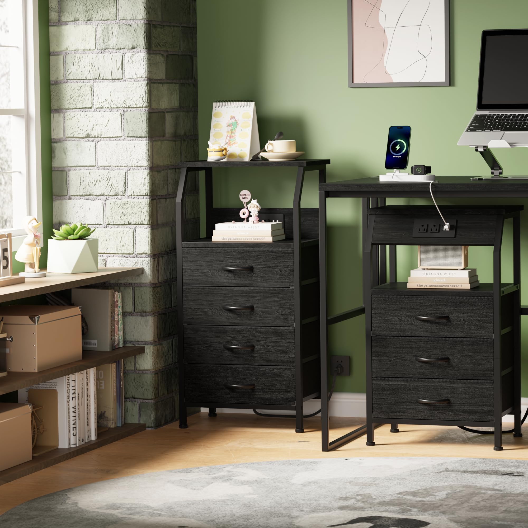 Furnulem night stand back view highlights mount holes for charging placement.
