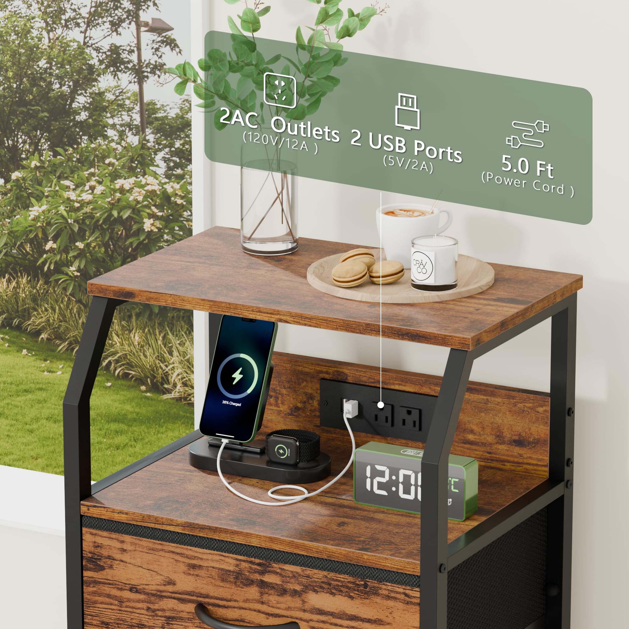 Furnulem night stand in a rustic brown bedroom scene