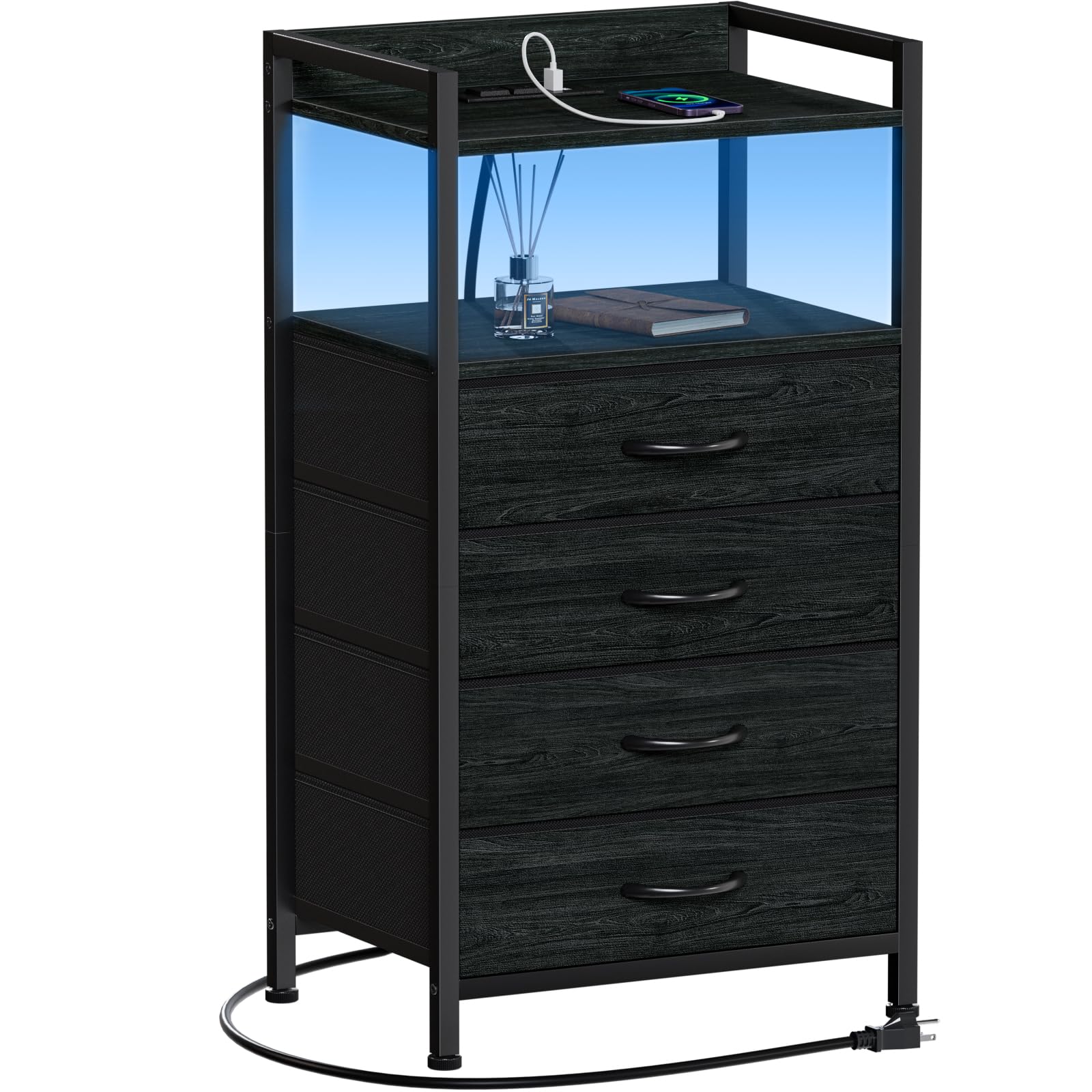 Furnulem night stand front view with charging station for easy device charging.