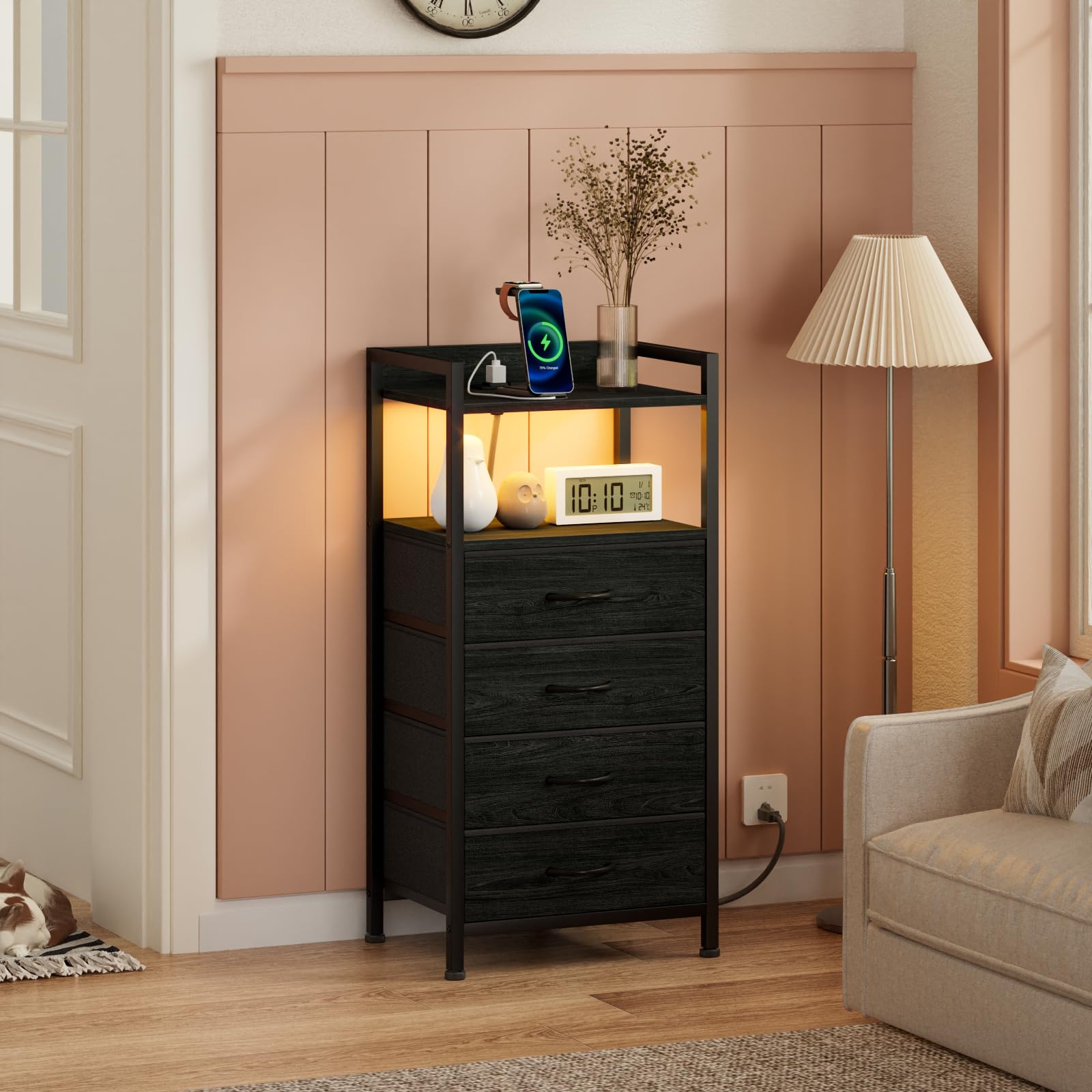 Furnulem fabric drawers showcasing organized storage within reach at bedside.