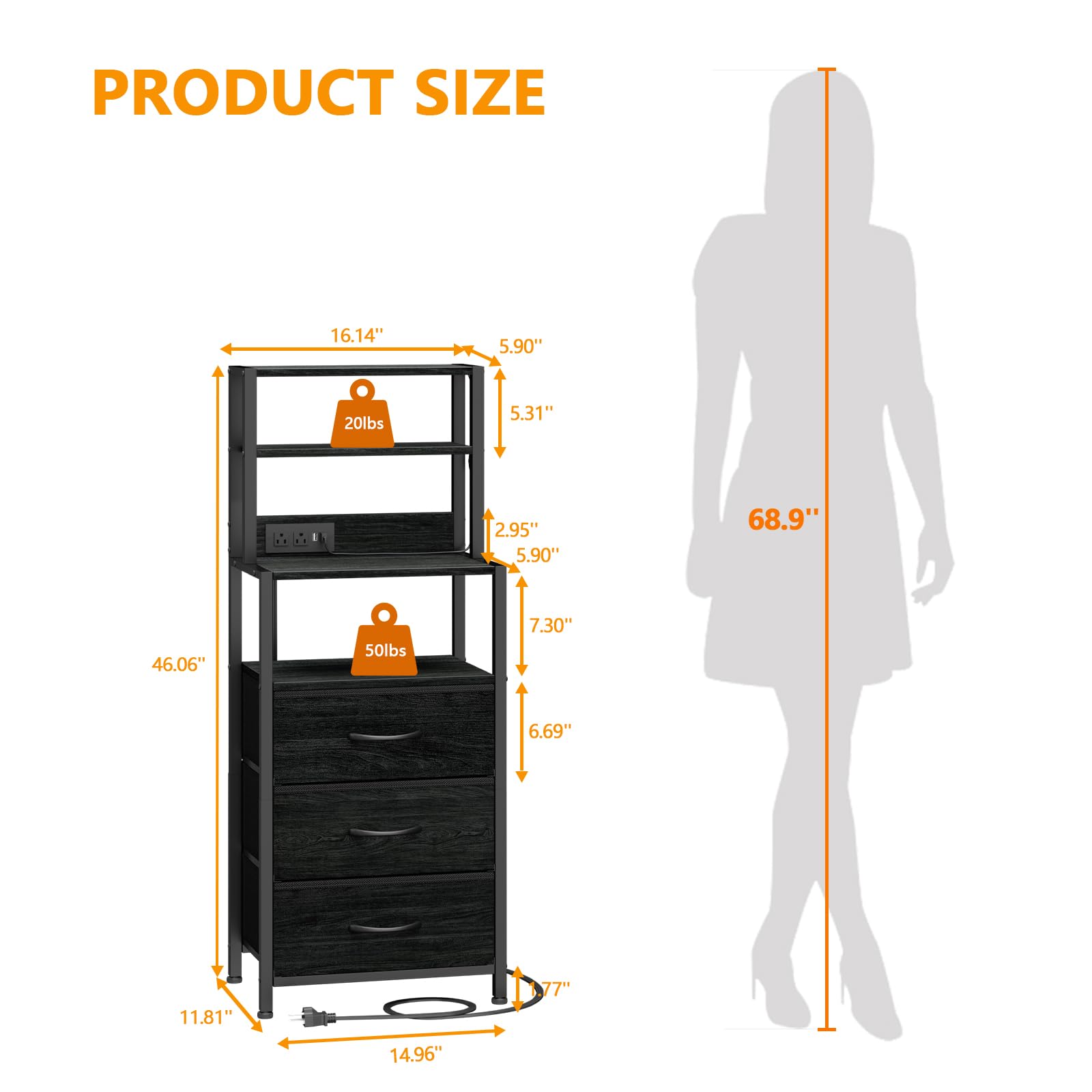 Furnulem night stand fabric drawers for personal items