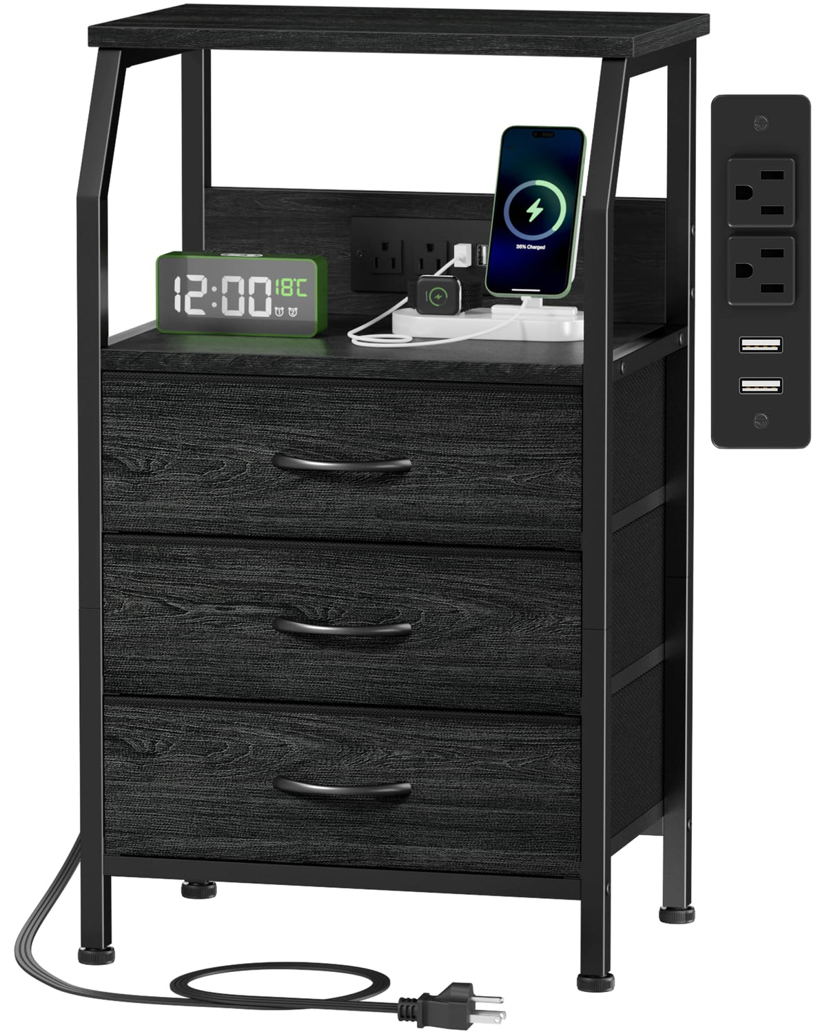 Furnulem night stand front view with charging station for easy bedside power access.