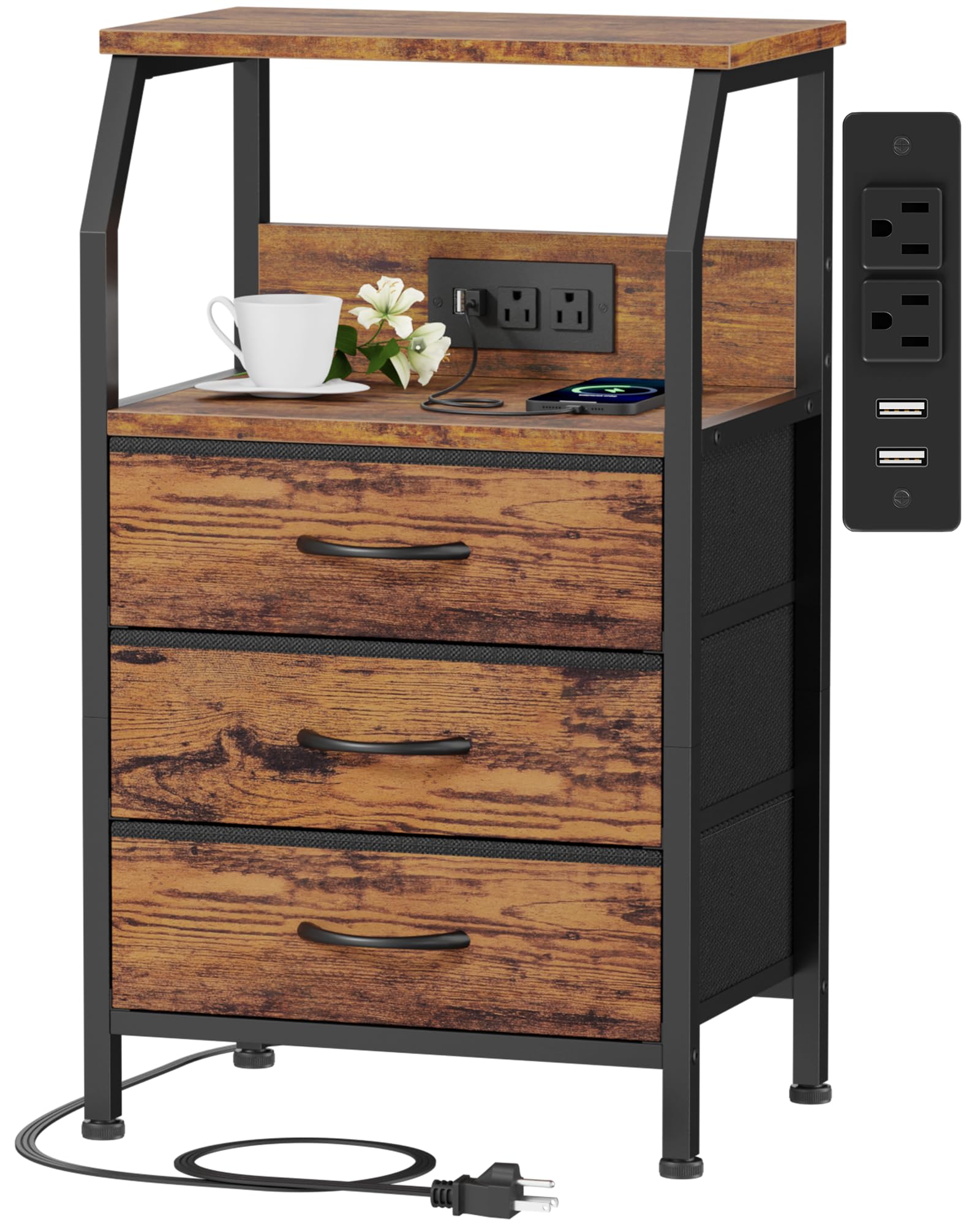 Furnulem night stand front view with charging station for easy device access