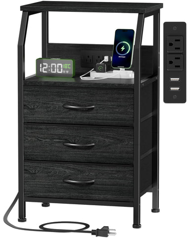 Furnulem night stand front view with charging station for easy bedside power access.