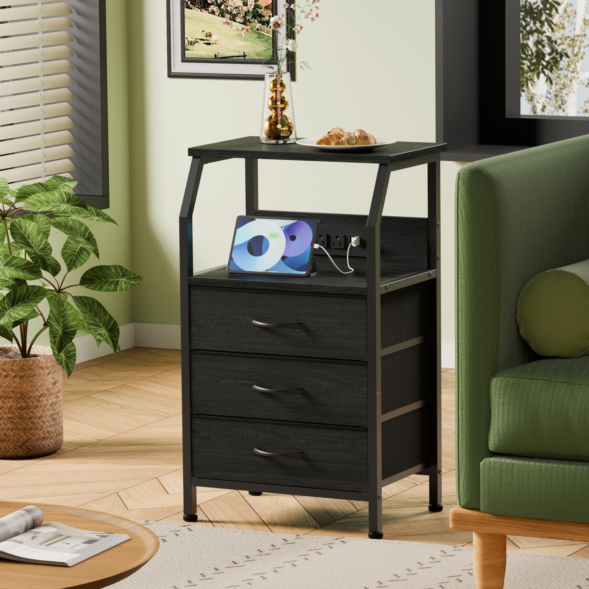 Furnulem night stand open shelf with lamp in a modern room.