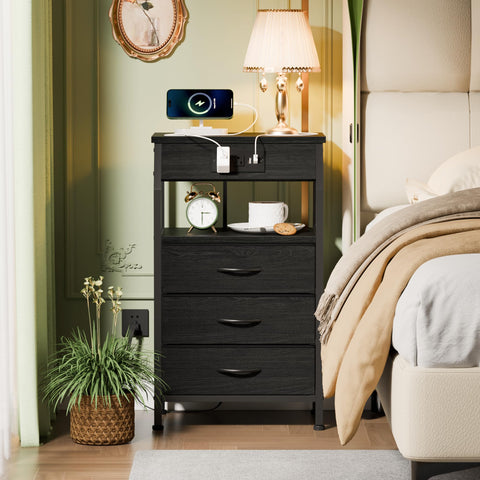 Furnulem night stand side view showing fabric drawer for organized storage.
