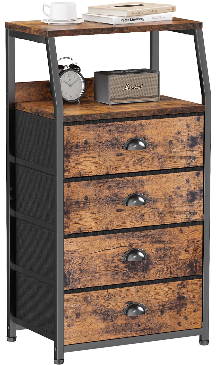 Furnulem tall night stand with four fabric drawers and wood top for organized bedroom storage