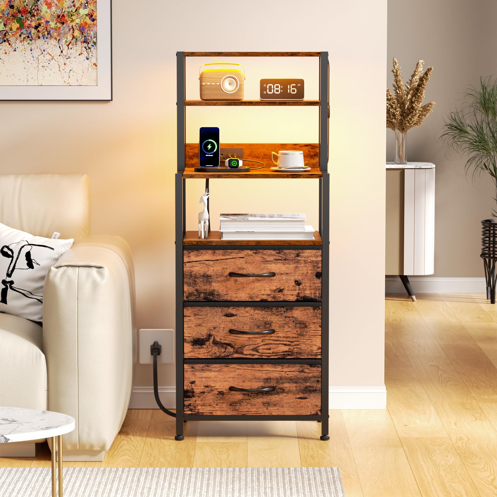Furnulem night stand with tall four-tier shelves for organized bedroom storage