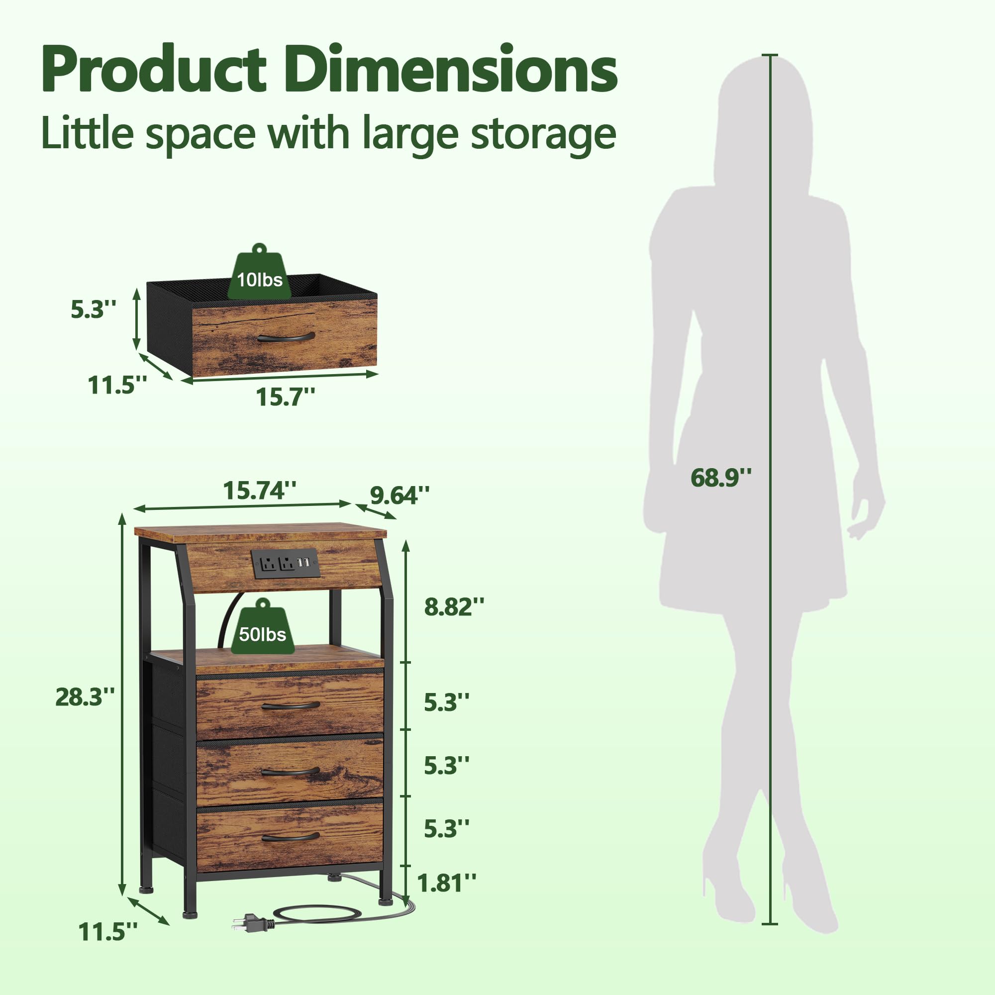 Furnulem night stand with USB ports and outlets for power connectivity
