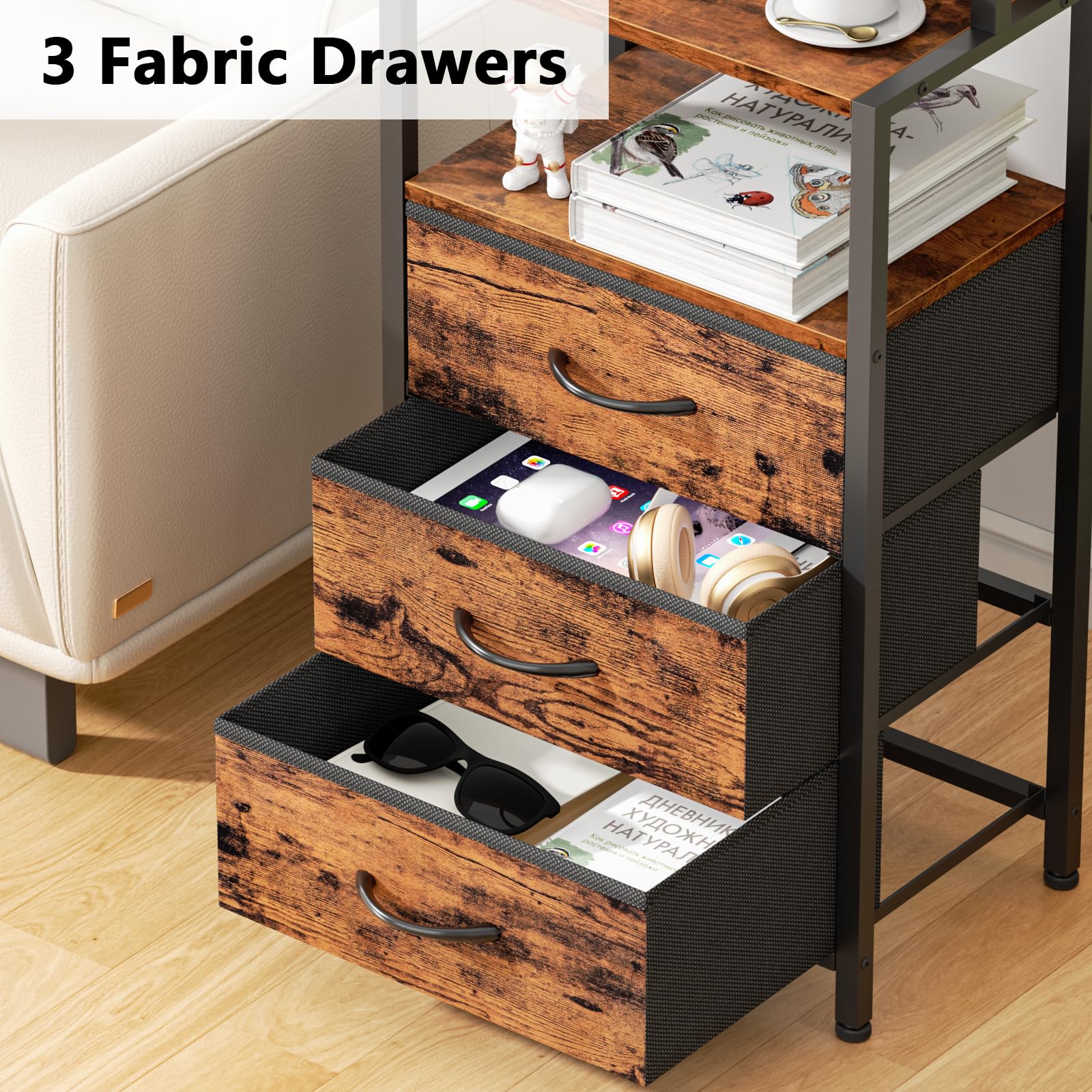 Furnulem night stand shows wood frame and metal accents for durability