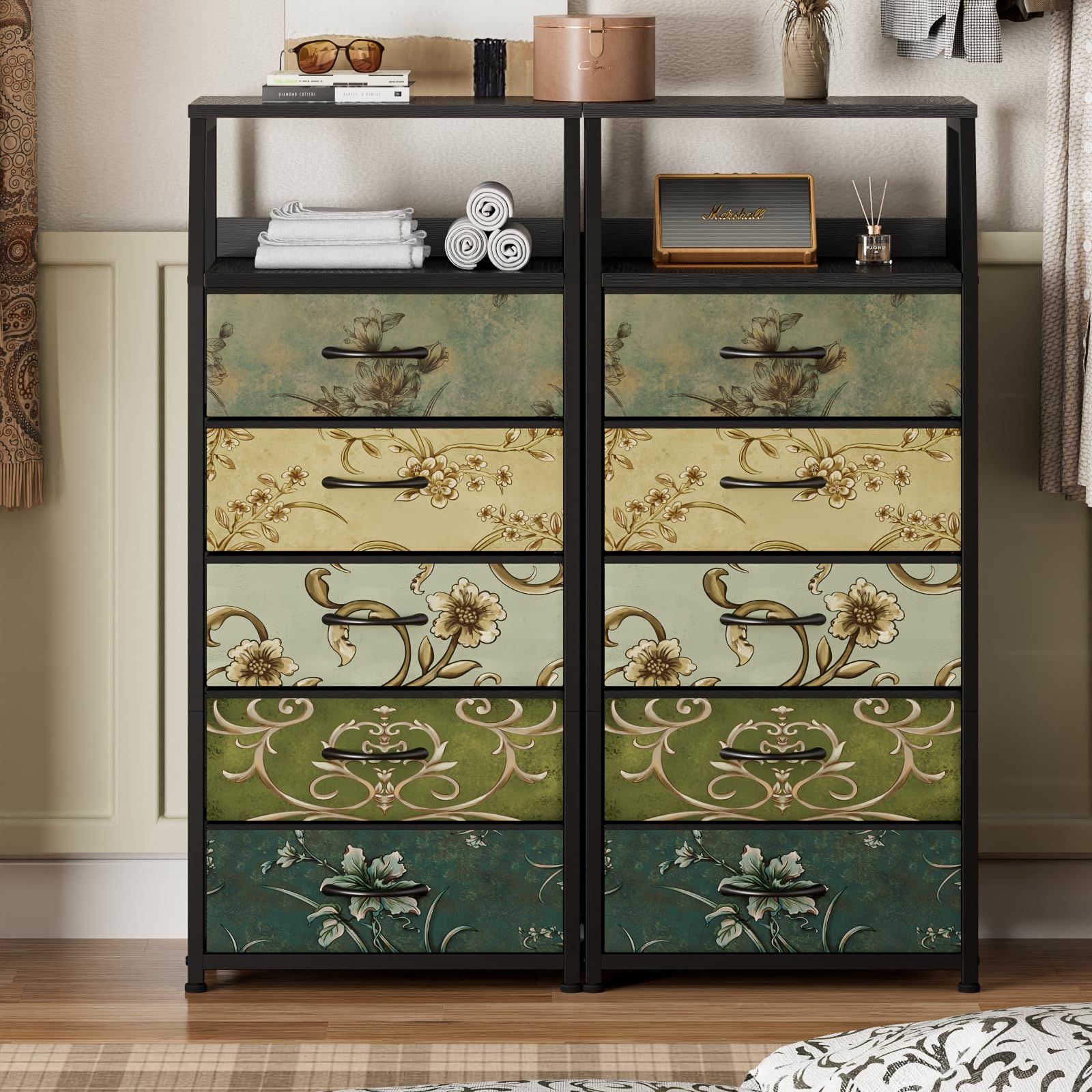 Furnulem Retro 5-Drawers Dresser fabric drawers emphasize lightweight organization
