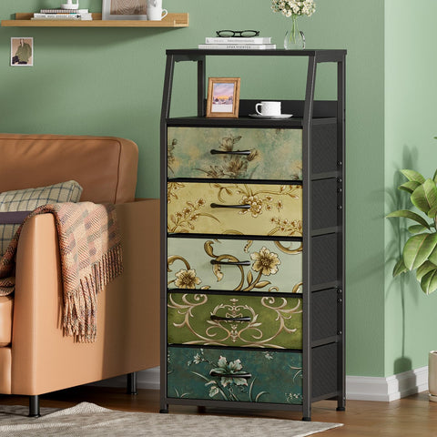 Furnulem Retro 5-Drawers Dresser in-bedroom setup for versatile storage