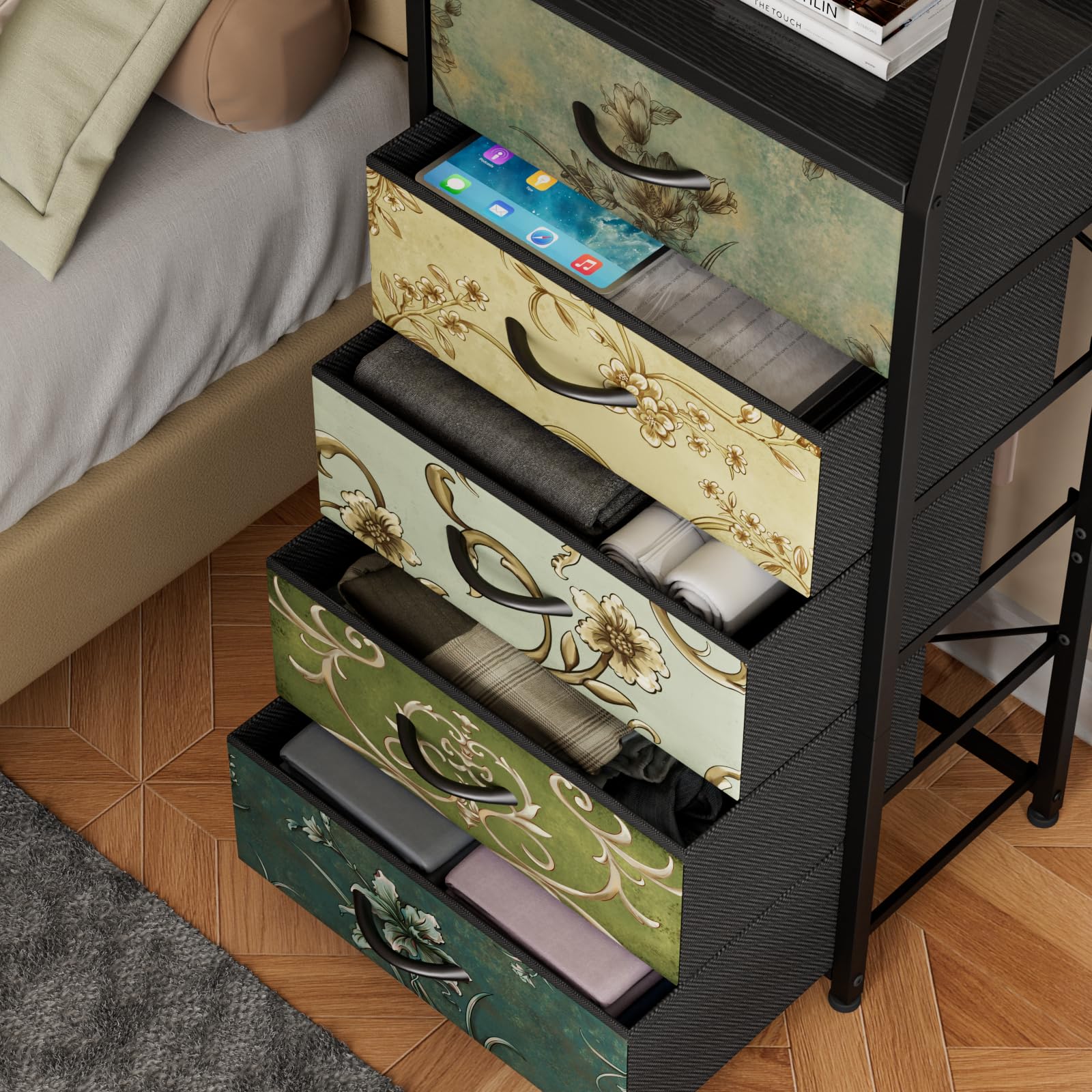 Furnulem Retro 5-Drawers Dresser metal frame conveys sturdy support