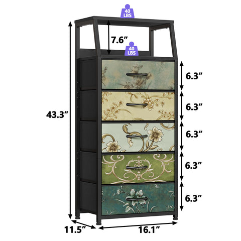 Furnulem Retro 5-Drawers Dresser wood top highlights durable surface for decor