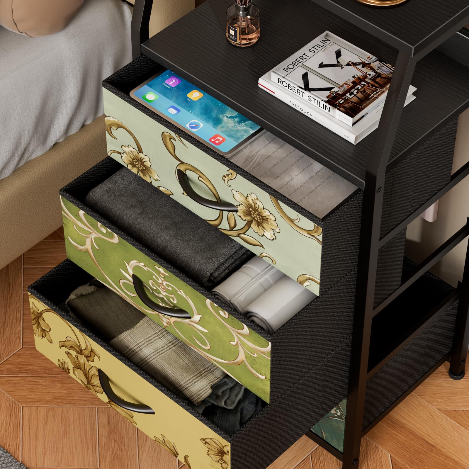 Furnulem Retro Dresser double-display-shelf displays vases, photos, and clocks.