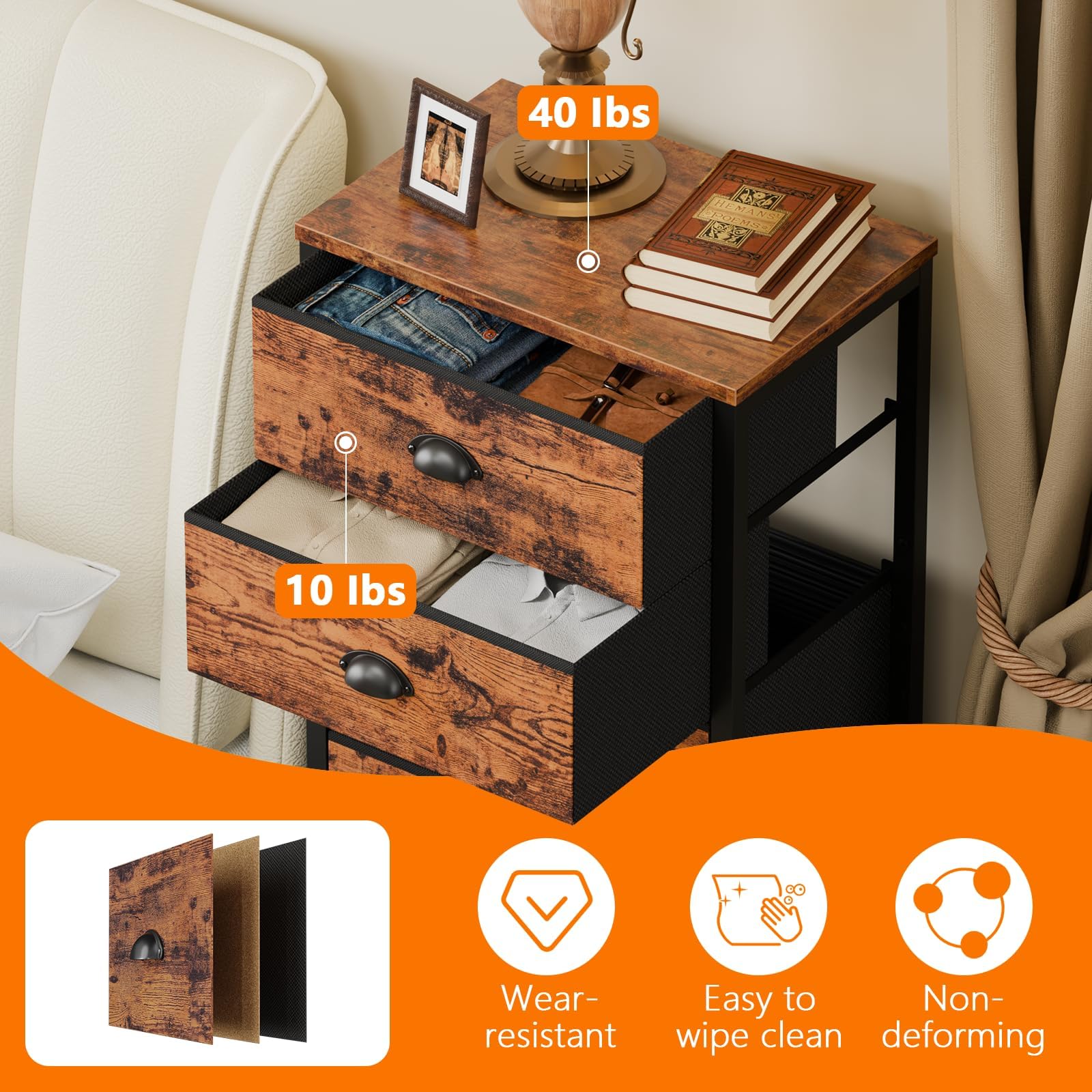 Furnulem rustic brown finish complements dorms and home décor.