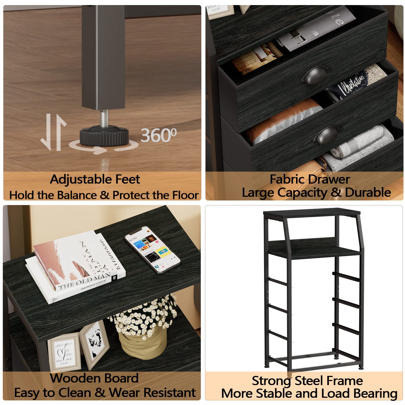 Furnulem Tall 4-Drawers Dresser drawer closeup highlights durable fabric drawers for easy access.