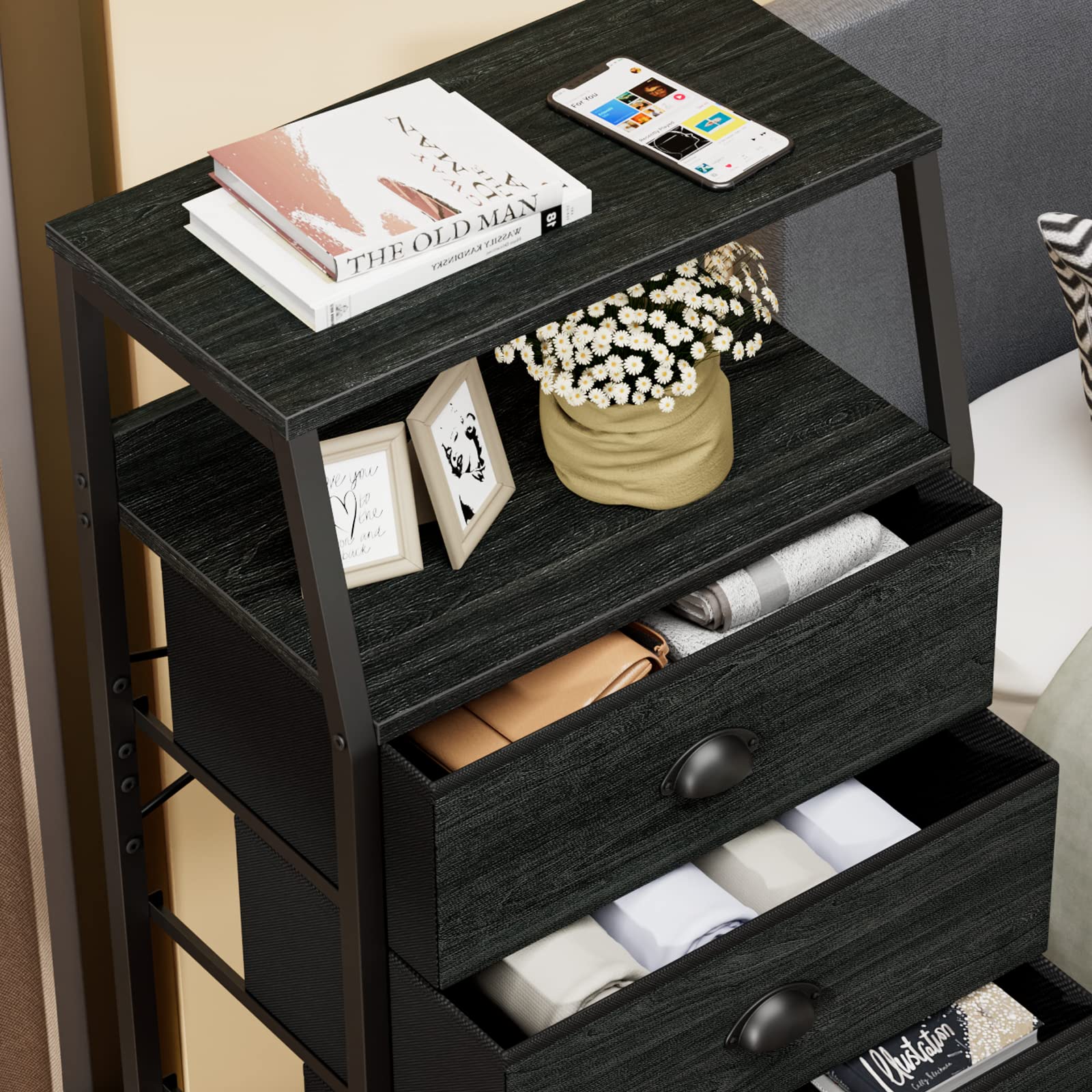 Furnulem Tall 4-Drawers Dresser in bedroom enhances storage and decor.