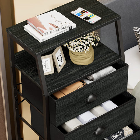 Furnulem Tall 4-Drawers Dresser in bedroom enhances storage and decor.