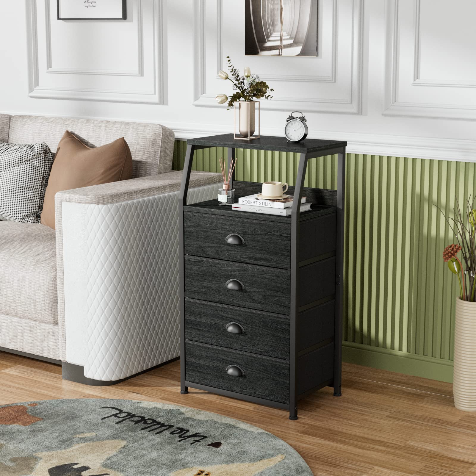 Furnulem Tall 4-Drawers Dresser in hallway with slender silhouette saving space.