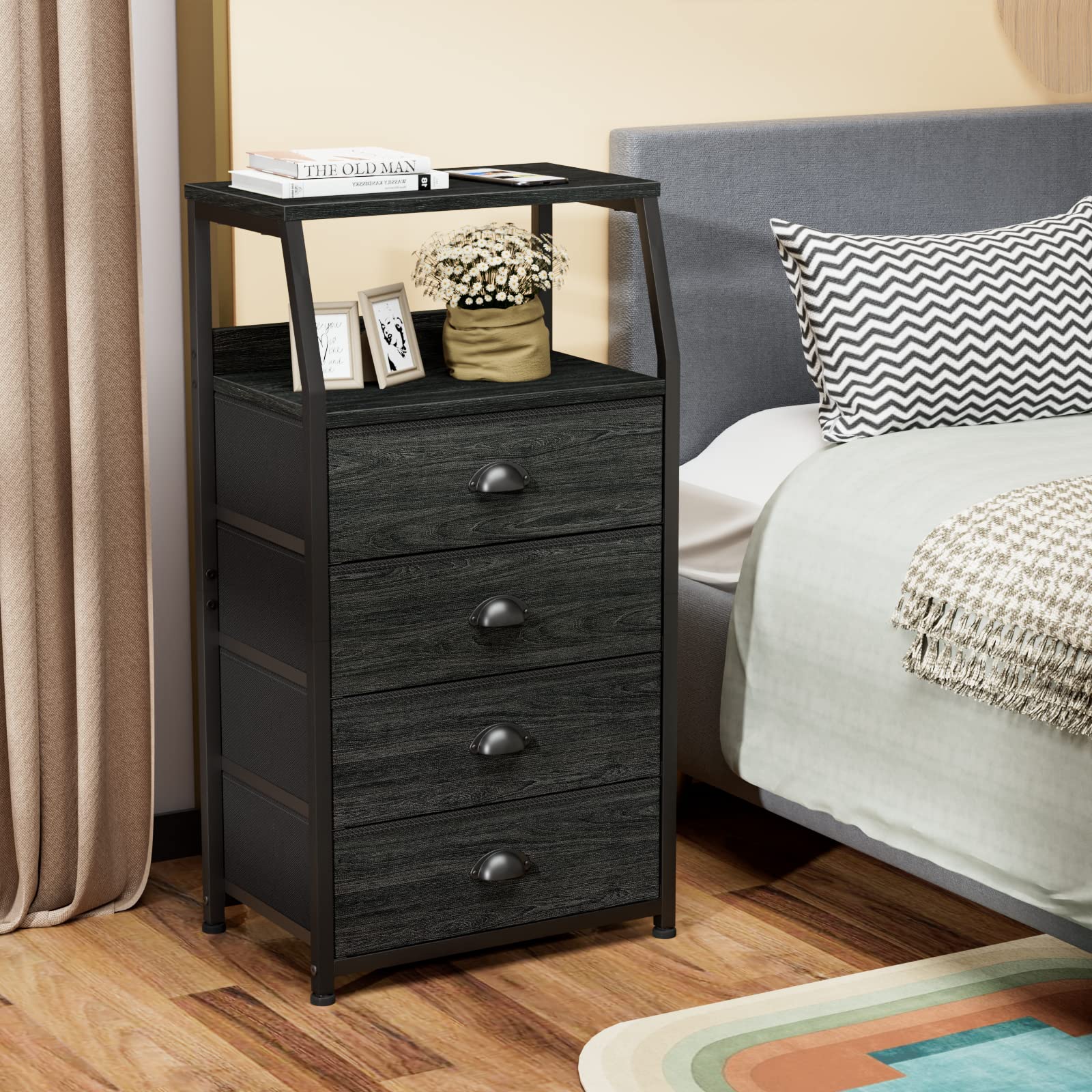 Furnulem Tall 4-Drawers Dresser side profile emphasizes slim footprint for compact spaces.