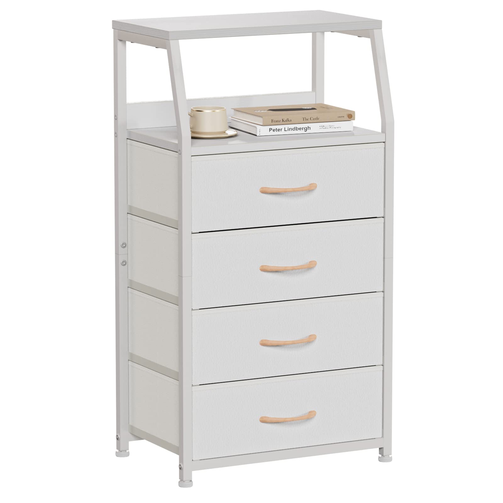 Furnulem Tall 4-Drawers Dresser with wood top in a white bedroom, versatile storage.