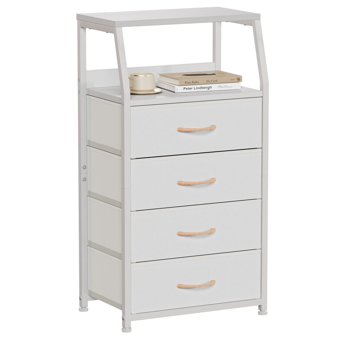 Furnulem Tall 4-Drawers Dresser with wood top in a white bedroom, versatile storage.