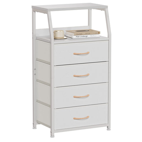 Furnulem Tall 4-Drawers Dresser with wood top in a white bedroom, versatile storage.