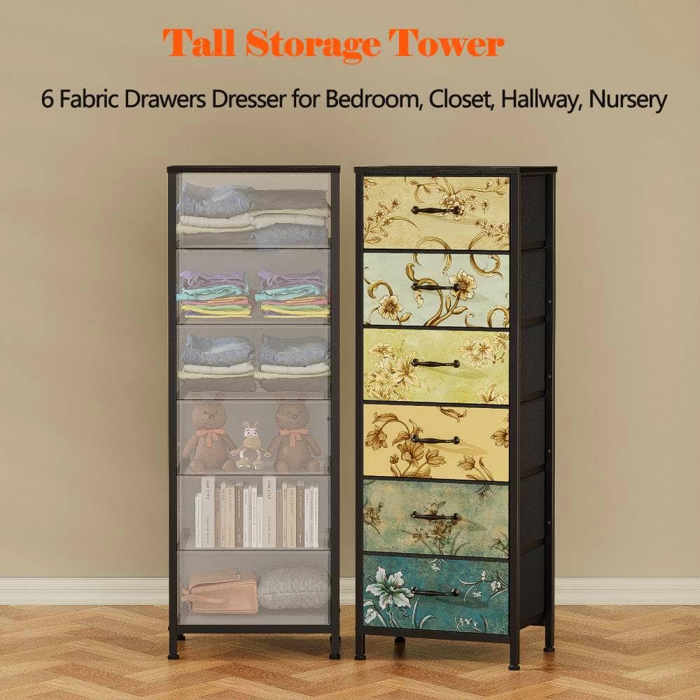 Furnulem Tall 6-Drawer Dresser placed in a cozy bedroom setup.